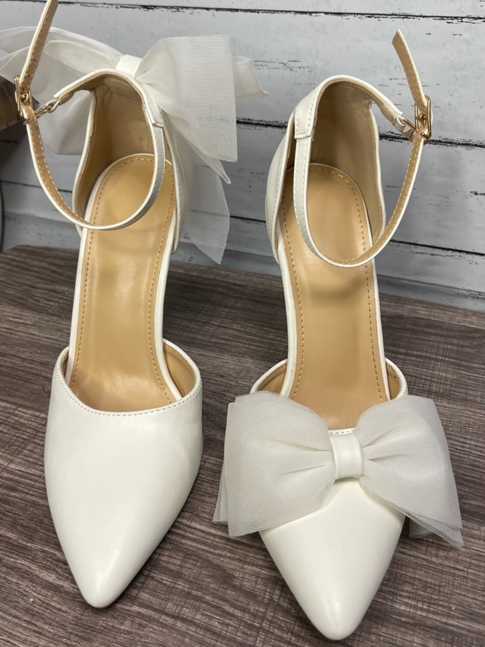 Elegant Women's Pointed-Toe Ankle-Strap Heels with Bow - White